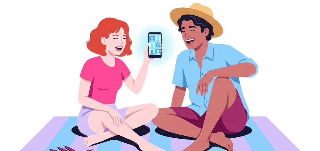 Two friends on a beach towel laughing on a video call