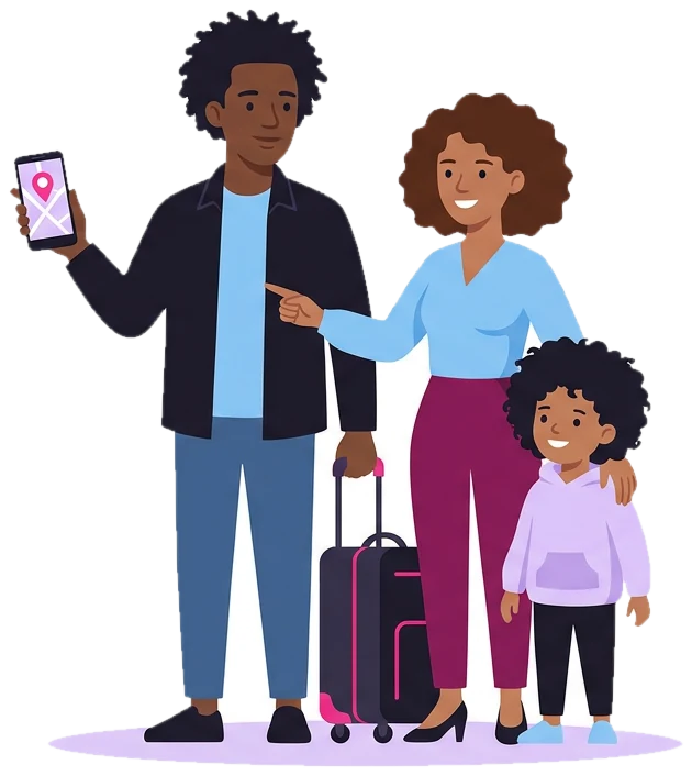 A family at airport arrivals, the father holding up a phone with a map pin