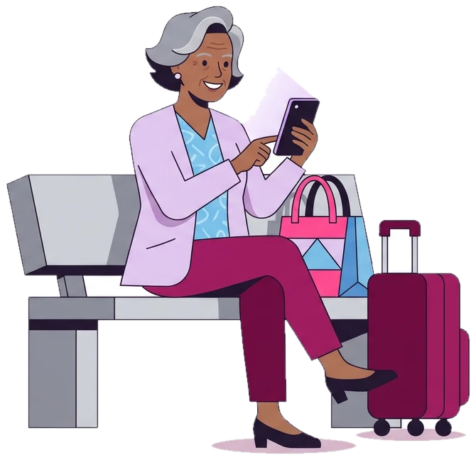 A grey-haired woman on a station bench checking her phone beside her suitcase